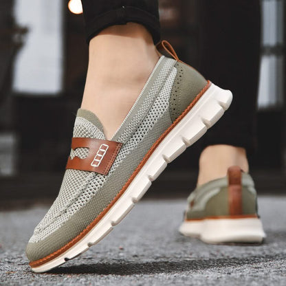 Men's Breathable Mesh Slip-On Loafers in Olive – worn side view | Hensley London