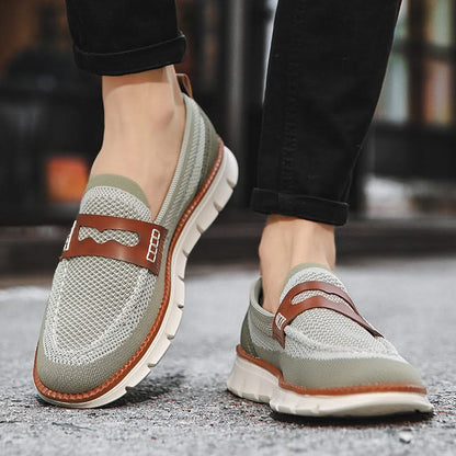 Men's Breathable Mesh Slip-On Loafers in Olive – worn front view | Hensley London