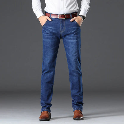 Men's Stretch Denim Classic-Fit Jeans in Blue - front view | Hensley London