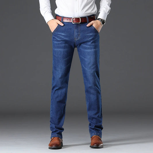 Men's Stretch Denim Classic-Fit Jeans in Blue - front view | Hensley London