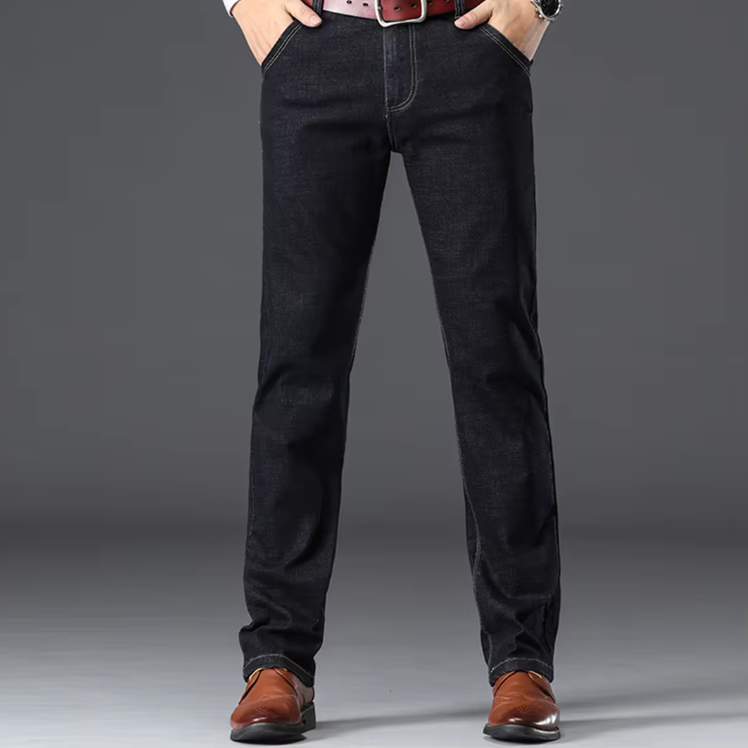 Men's Stretch Denim Classic-Fit Jeans in Black - product view | Hensley London