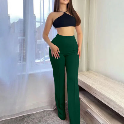 Women's Stretch High-Waist Bootcut Trousers in Green – additional product view | Hensley London