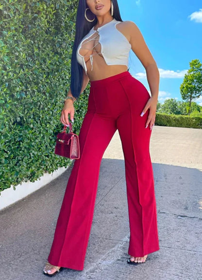 Women's Stretch High-Waist Bootcut Trousers in Wine Red – additional product view | Hensley London
