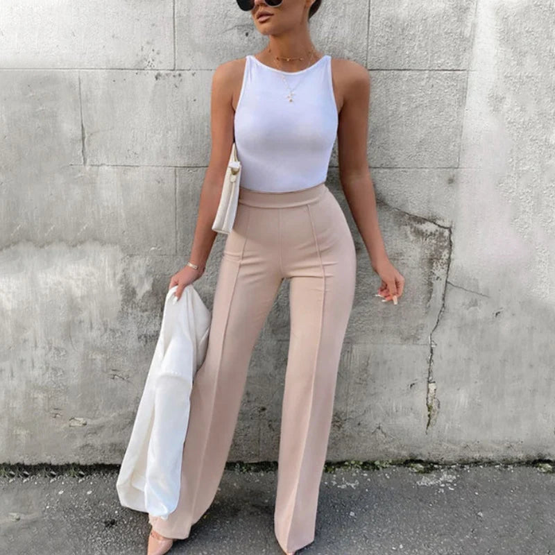Women's Stretch High-Waist Bootcut Trousers in Beige – additional product view | Hensley London