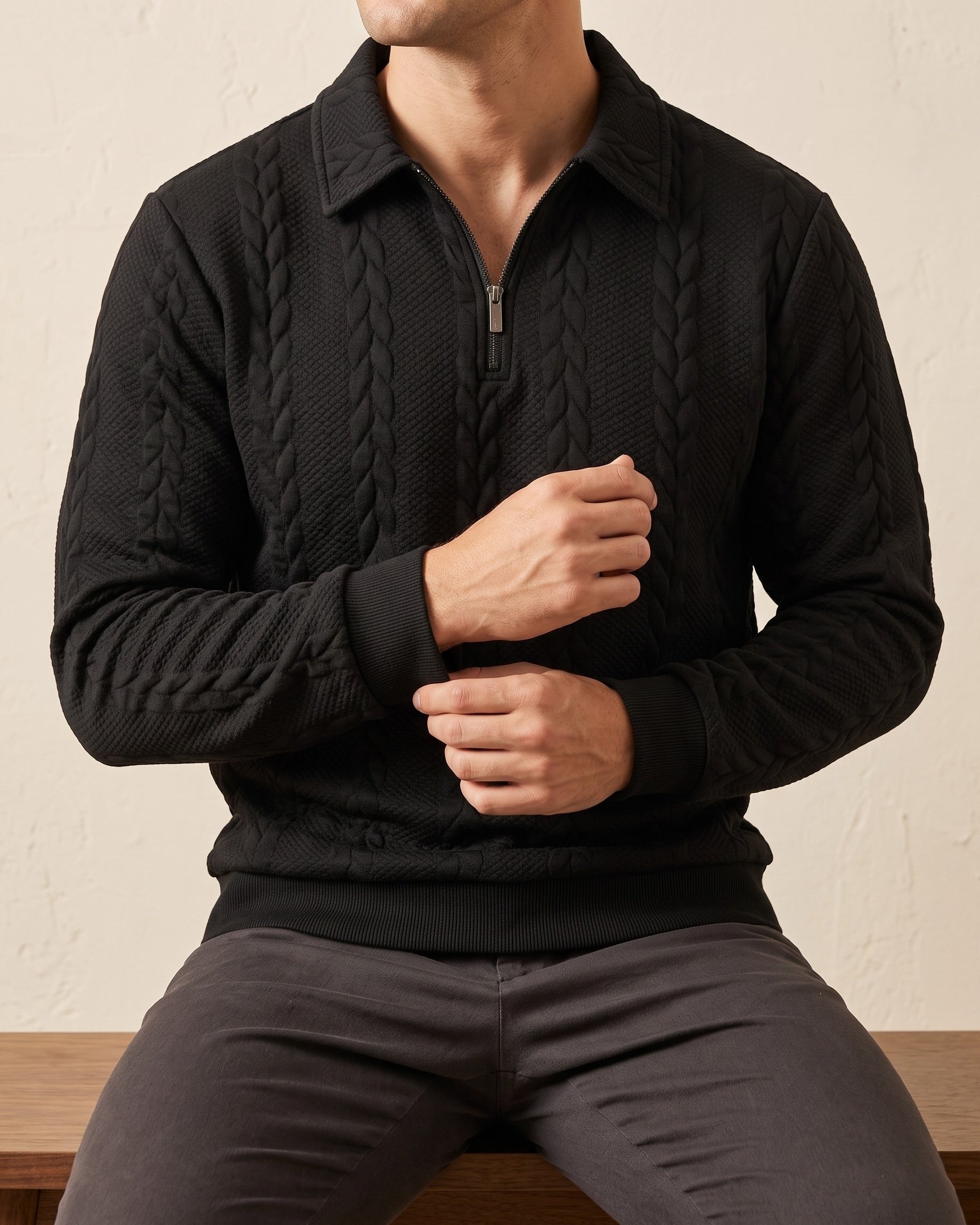 Men's Cable-Jacquard Quarter-Zip - detail view | Hensley London