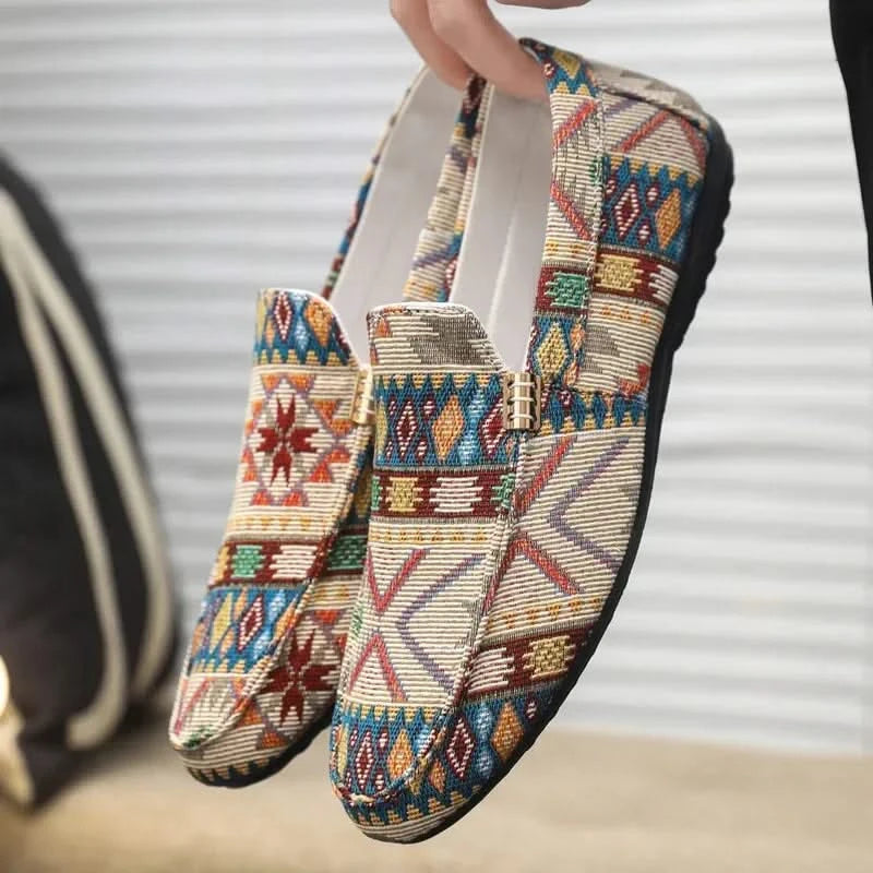 Men's Canvas Aztec-Print Slip-On Loafers in Beige – front angle | Hensley London