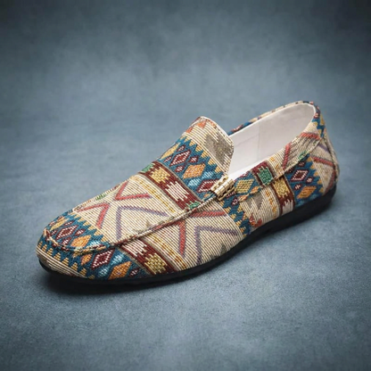 Men's Canvas Aztec-Print Slip-On Loafers in Beige – side view | Hensley London