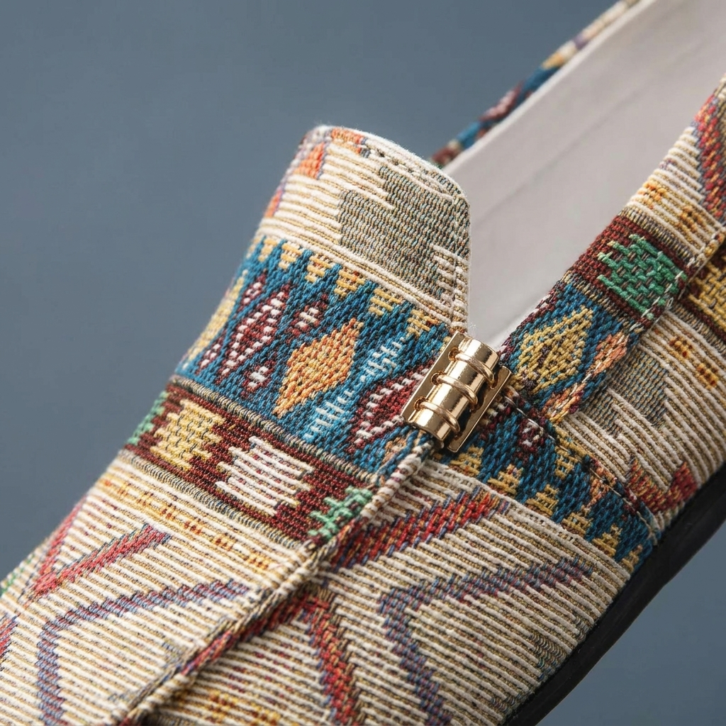 Men's Canvas Aztec-Print Slip-On Loafers in Beige – vamp detail | Hensley London