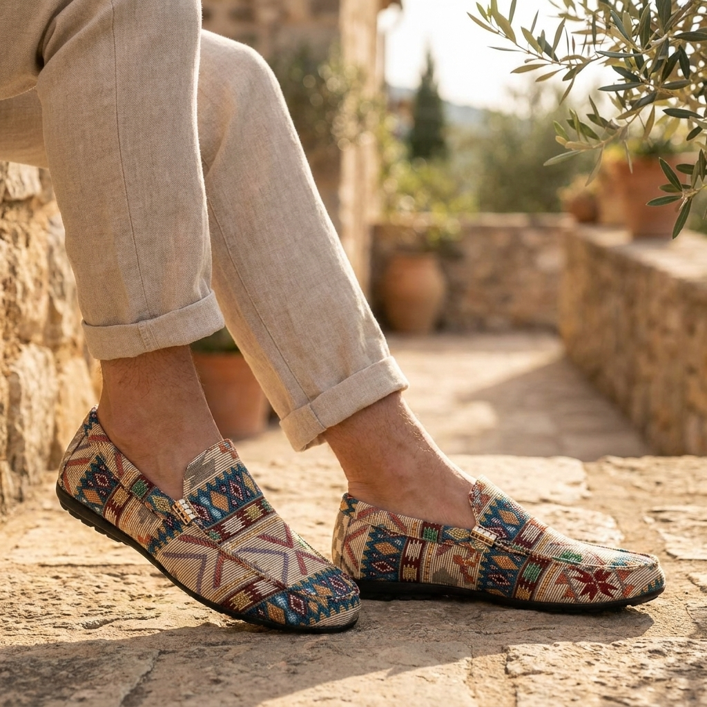 Men's Canvas Aztec-Print Slip-On Loafers in Beige – worn view | Hensley London