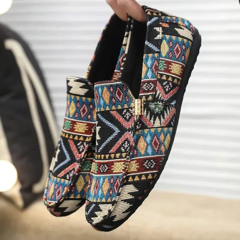 Men's Canvas Aztec-Print Slip-On Loafers in Black – front angle | Hensley London