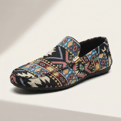 Men's Canvas Aztec-Print Slip-On Loafers in Black – side view | Hensley London