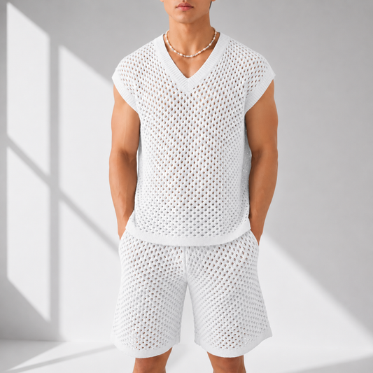 Men's Open-Knit Two-Piece Shirt & Shorts Set in White – front view | Hensley London