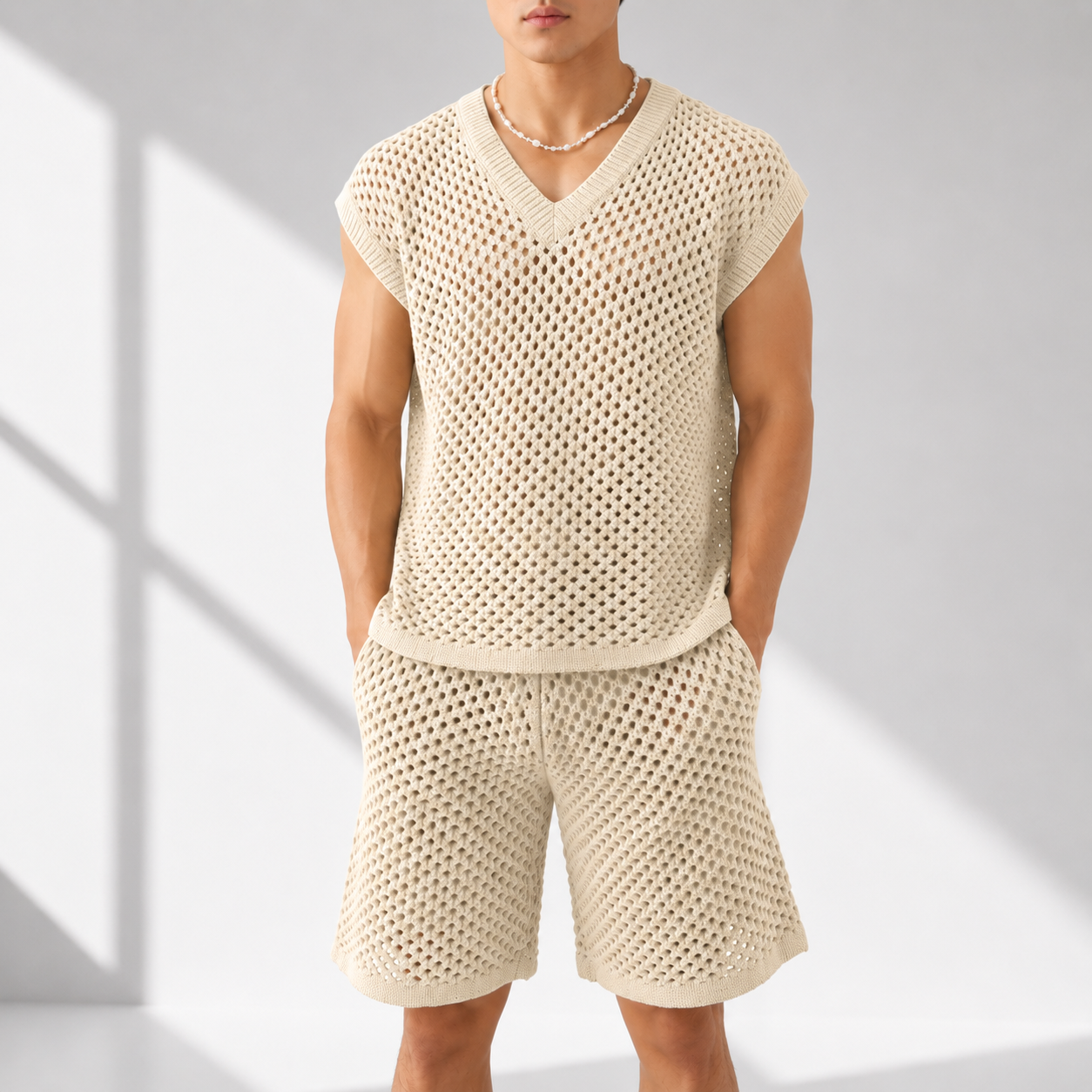Men's Open-Knit Two-Piece Shirt & Shorts Set in Apricot – front view | Hensley London