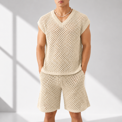 Men's Open-Knit Two-Piece Shirt & Shorts Set in Apricot – front view | Hensley London