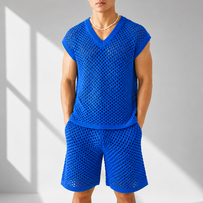 Men's Open-Knit Two-Piece Shirt & Shorts Set in Blue – front view | Hensley London