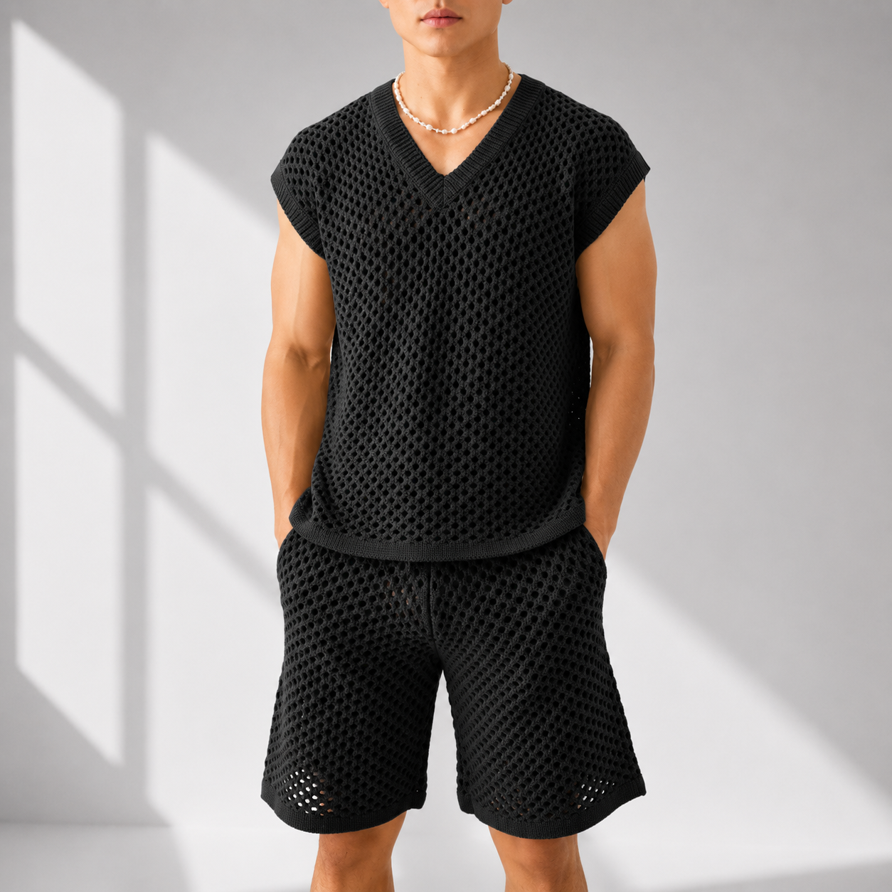 Men's Open-Knit Two-Piece Shirt & Shorts Set in Black – front view | Hensley London