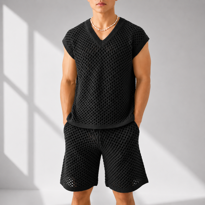 Men's Open-Knit Two-Piece Shirt & Shorts Set in Black – front view | Hensley London