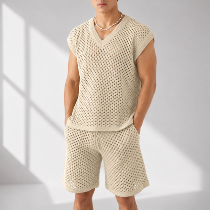 Men's Open-Knit Two-Piece Shirt & Shorts Set – styled view | Hensley London
