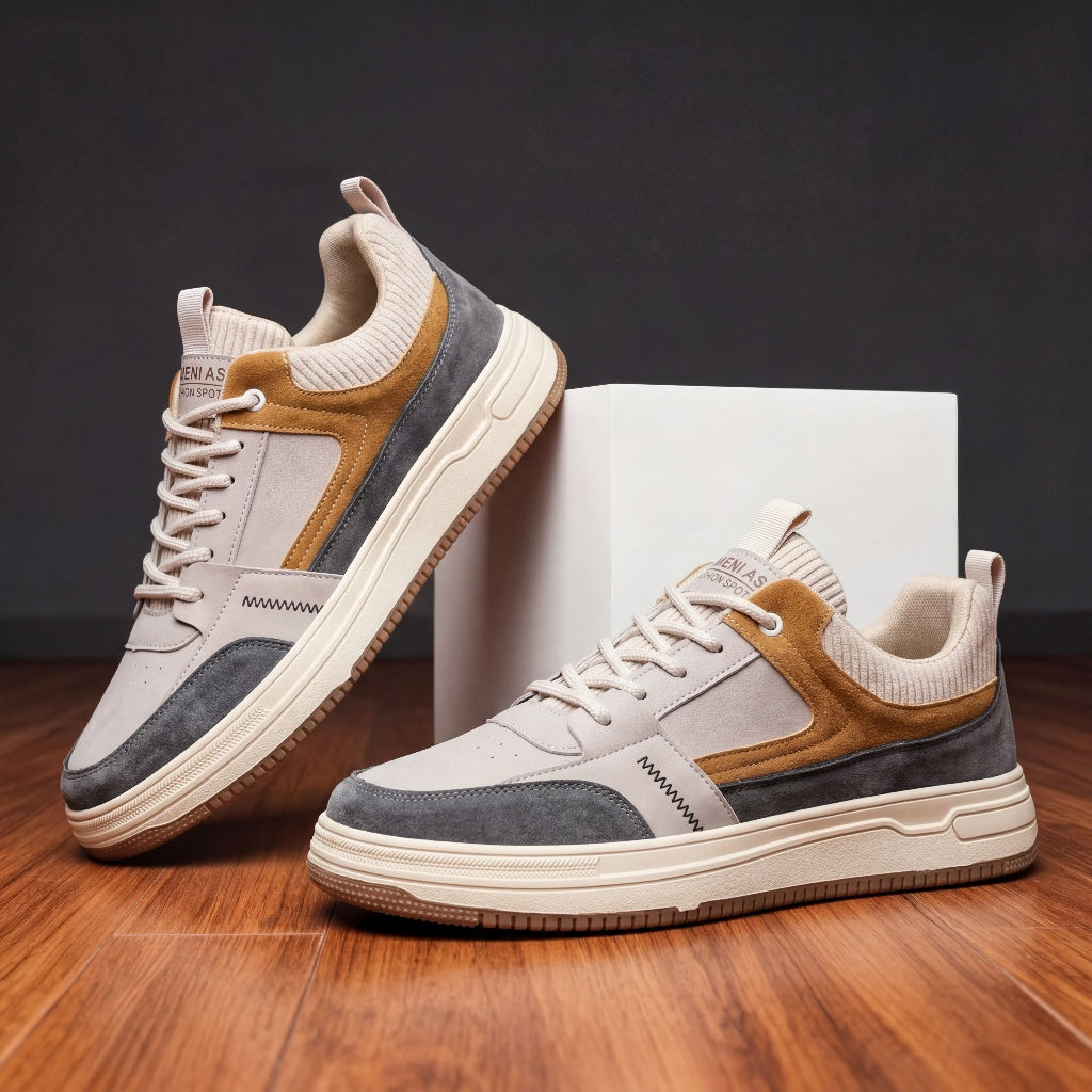 Men's Suede Colourblock Low-Top Sneakers – angled view | Hensley London