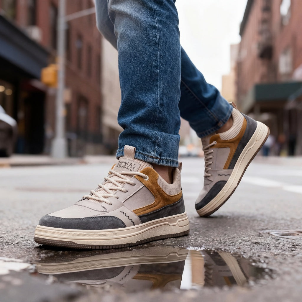 Men's Suede Colourblock Low-Top Sneakers – heel detail | Hensley London
