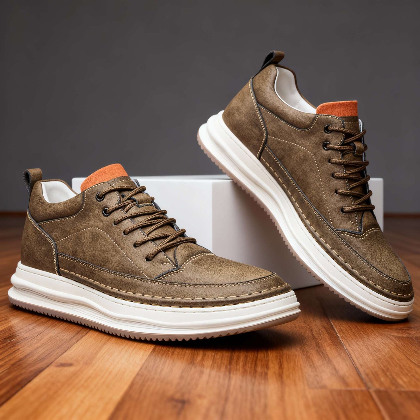 Men's Premium Leather Sneakers in Khaki – front view | Hensley London
