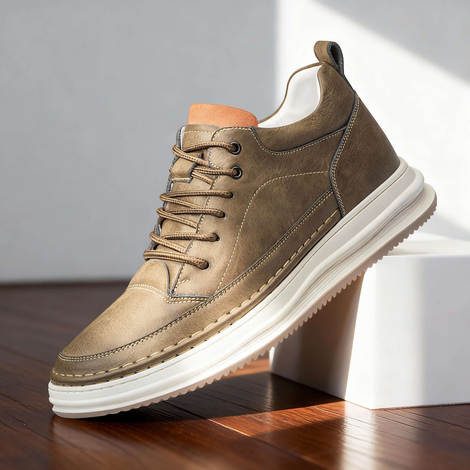 Men's Premium Leather Sneakers in Khaki – side view | Hensley London