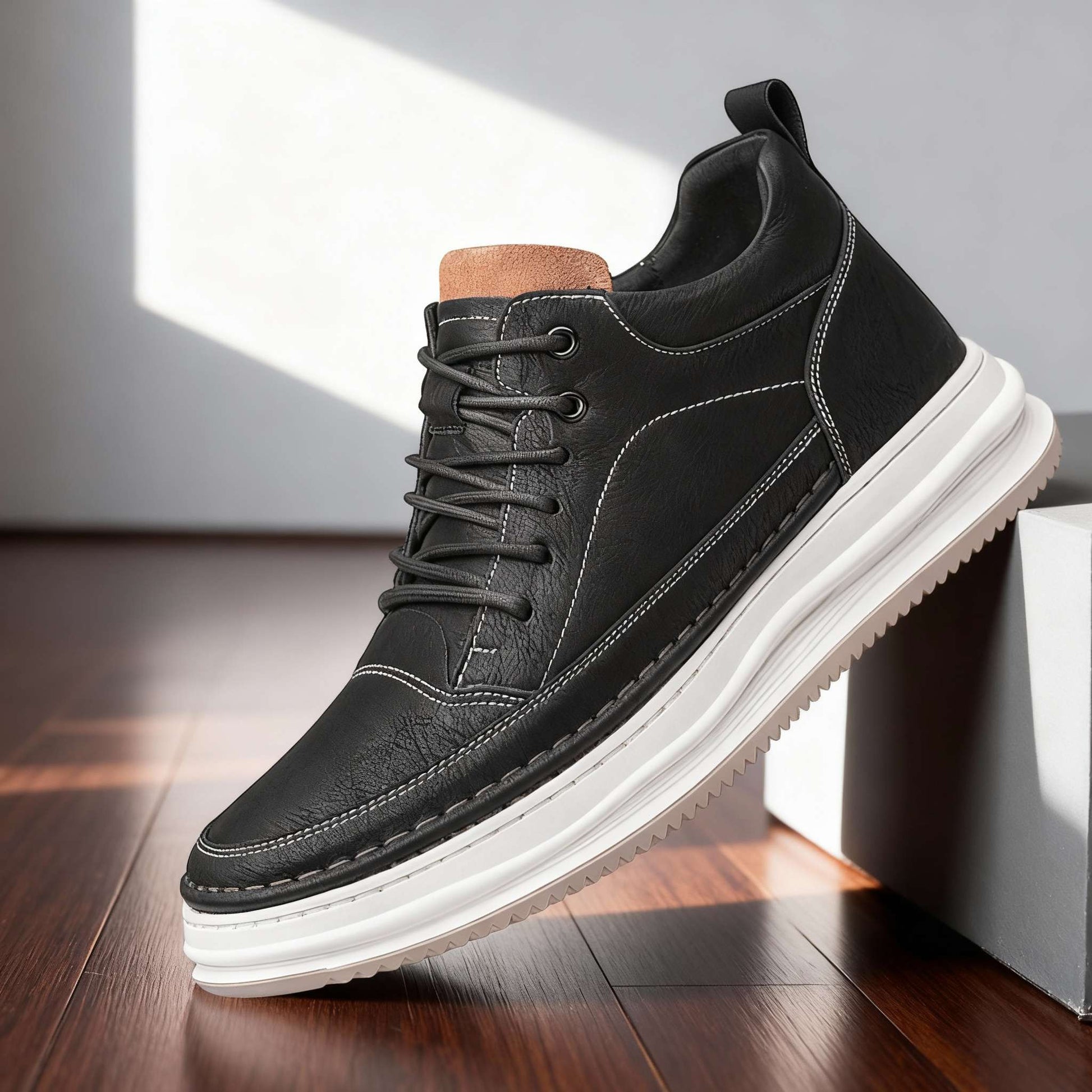 Men's Premium Leather Sneakers in Khaki – detail view | Hensley London
