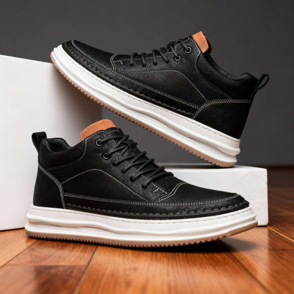 Men's Premium Leather Sneakers in Black – front view | Hensley London
