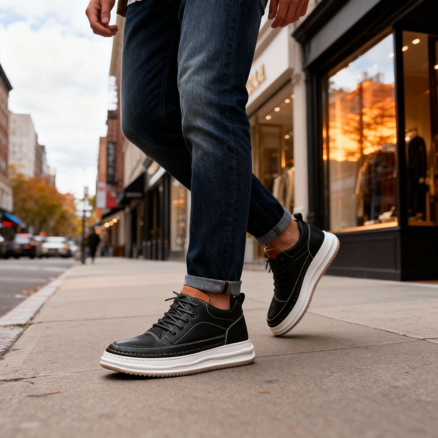 Men's Premium Leather Sneakers in Black – detail view | Hensley London