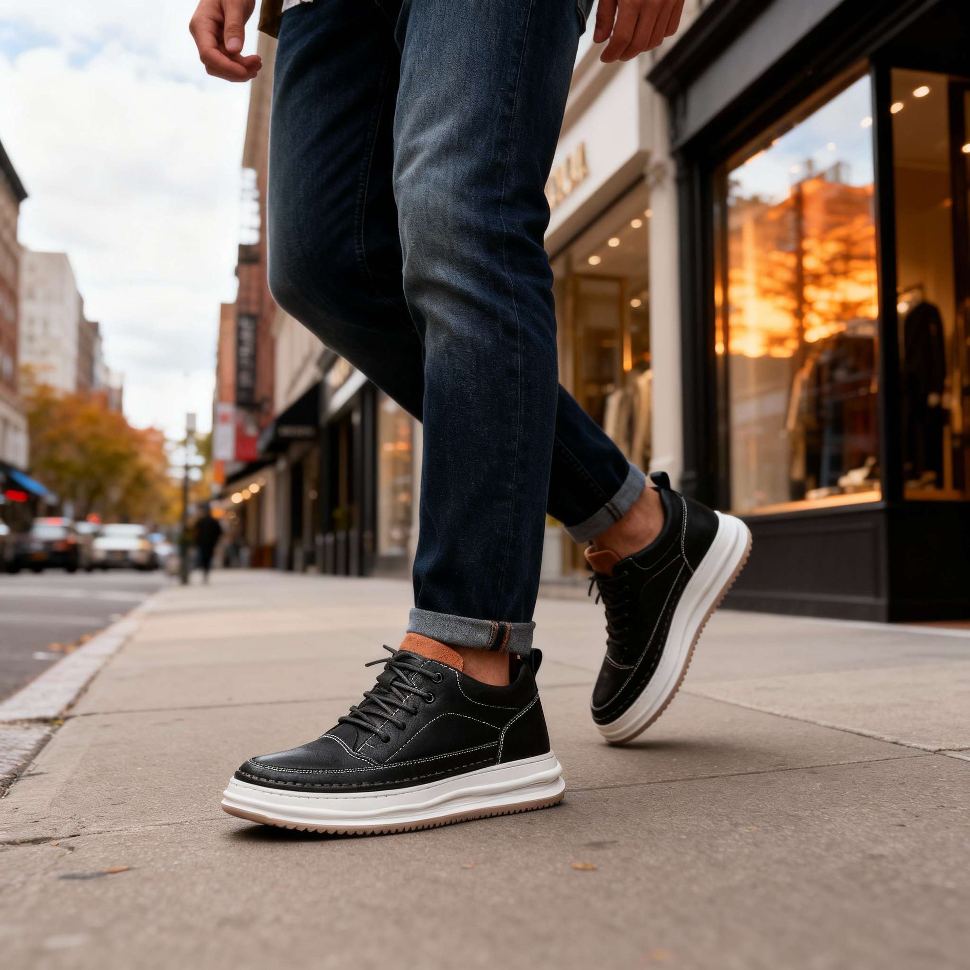 Men's Premium Leather Sneakers in Black – detail view | Hensley London