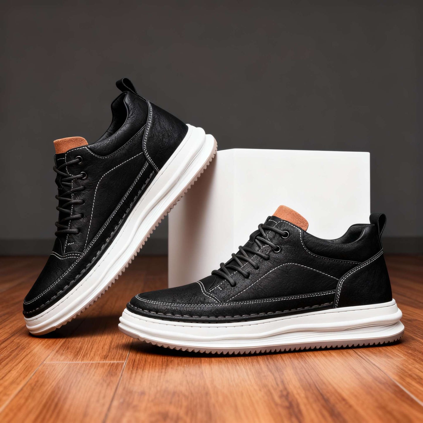 Men's Premium Leather Sneakers in Black – sole view | Hensley London