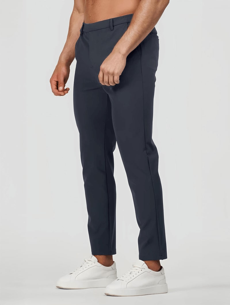 Men's Elastic Stretch Slim Fit Trousers in Navy Blue – side view | Hensley London