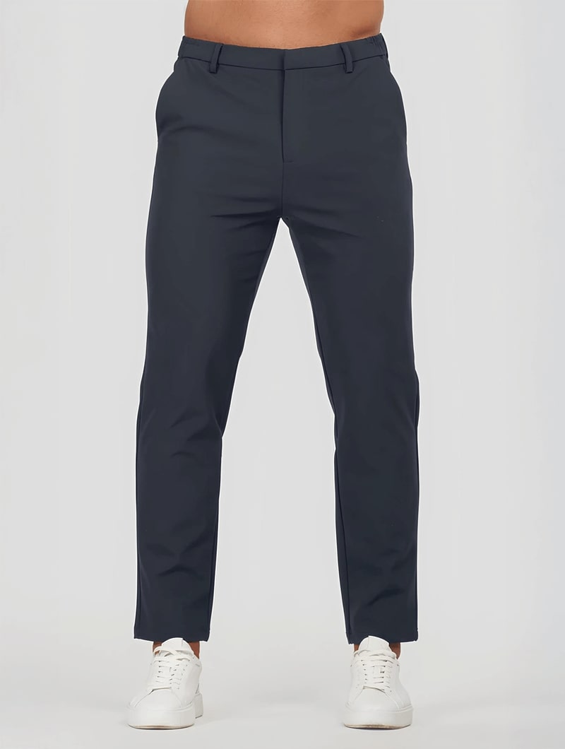 Men's Elastic Stretch Slim Fit Trousers in Navy Blue – detail view | Hensley London