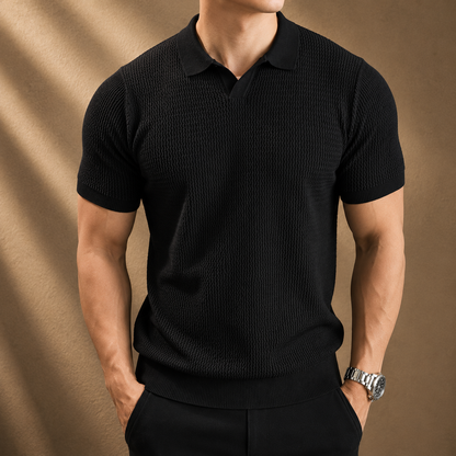 Men's Ribbed Knit Short Sleeve Polo Shirt in Black – front view | Hensley London