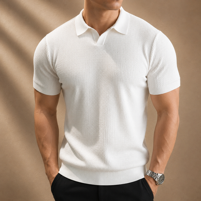 Men's Knit Polo Shirt in Brown - front view | Hensley London