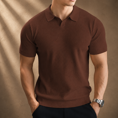 Men's Ribbed Knit Short Sleeve Polo Shirt in Green – front view | Hensley London