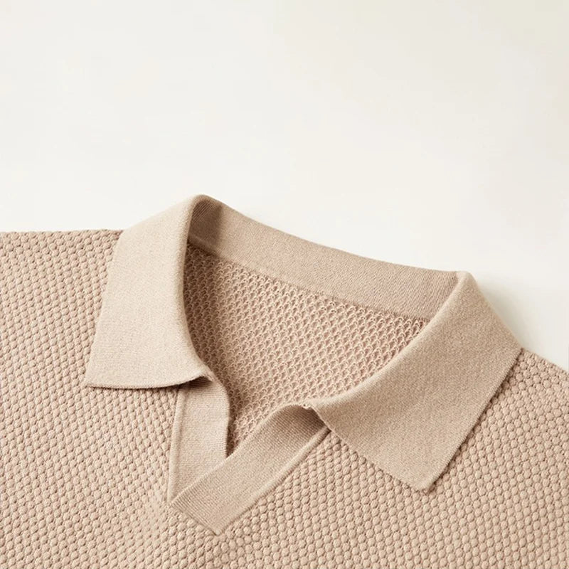 Men's Knit Polo Shirt in Black - detail view | Hensley London