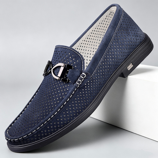 Men's Suede Slip-On Loafers in Navy – side view | Hensley London