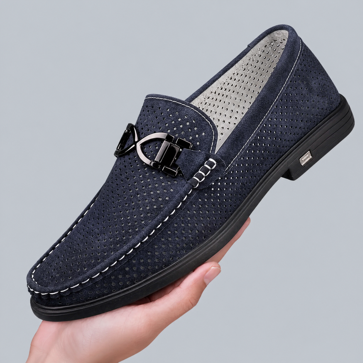 Men's Suede Slip-On Loafers in Navy – detail view | Hensley London
