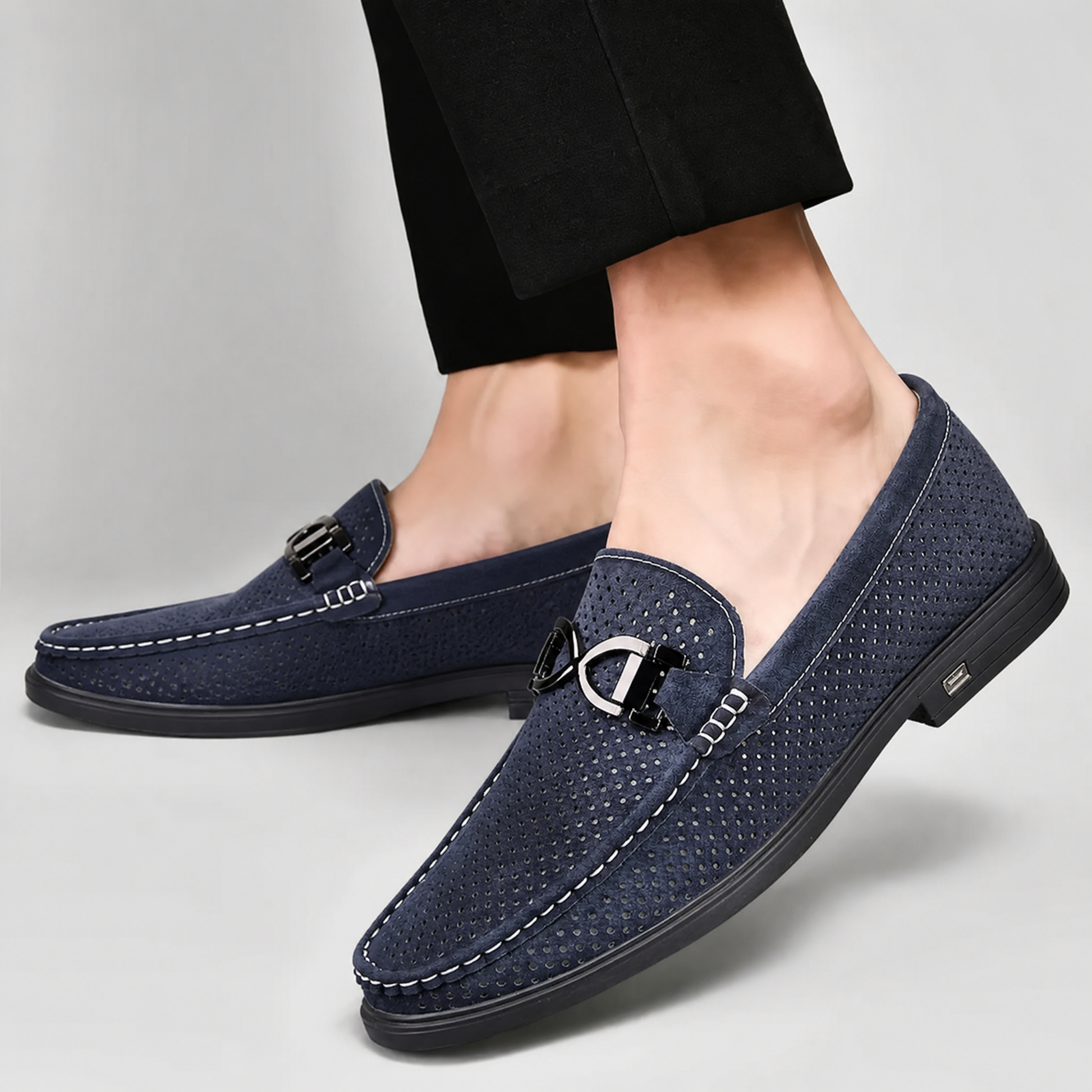 Men's Suede Slip-On Loafers in Navy – top view | Hensley London