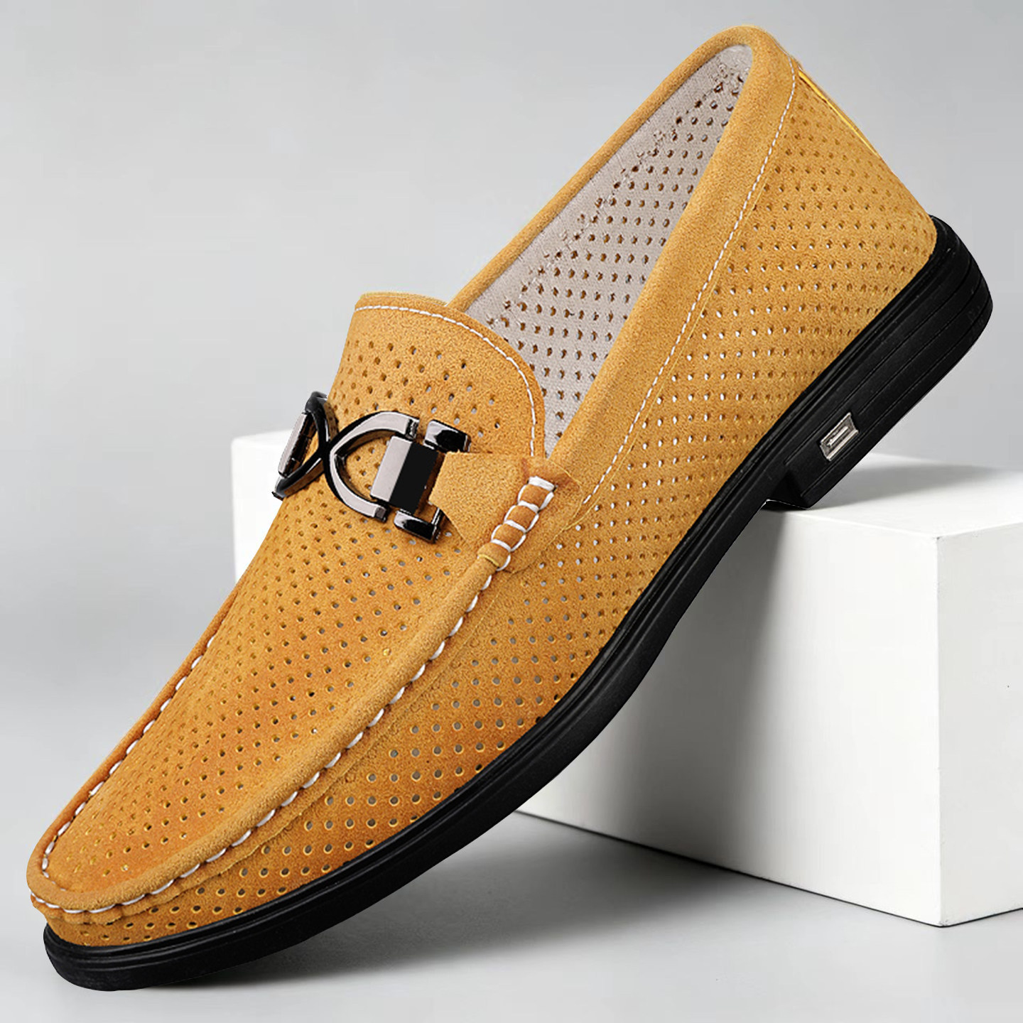 Men's Suede Slip-On Loafers in Brown – side view | Hensley London