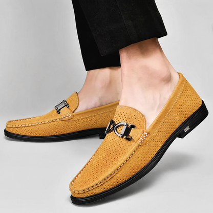 Men's Suede Slip-On Loafers in Brown – top view | Hensley London