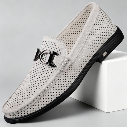 Men's Suede Slip-On Loafers in Gray – side view | Hensley London