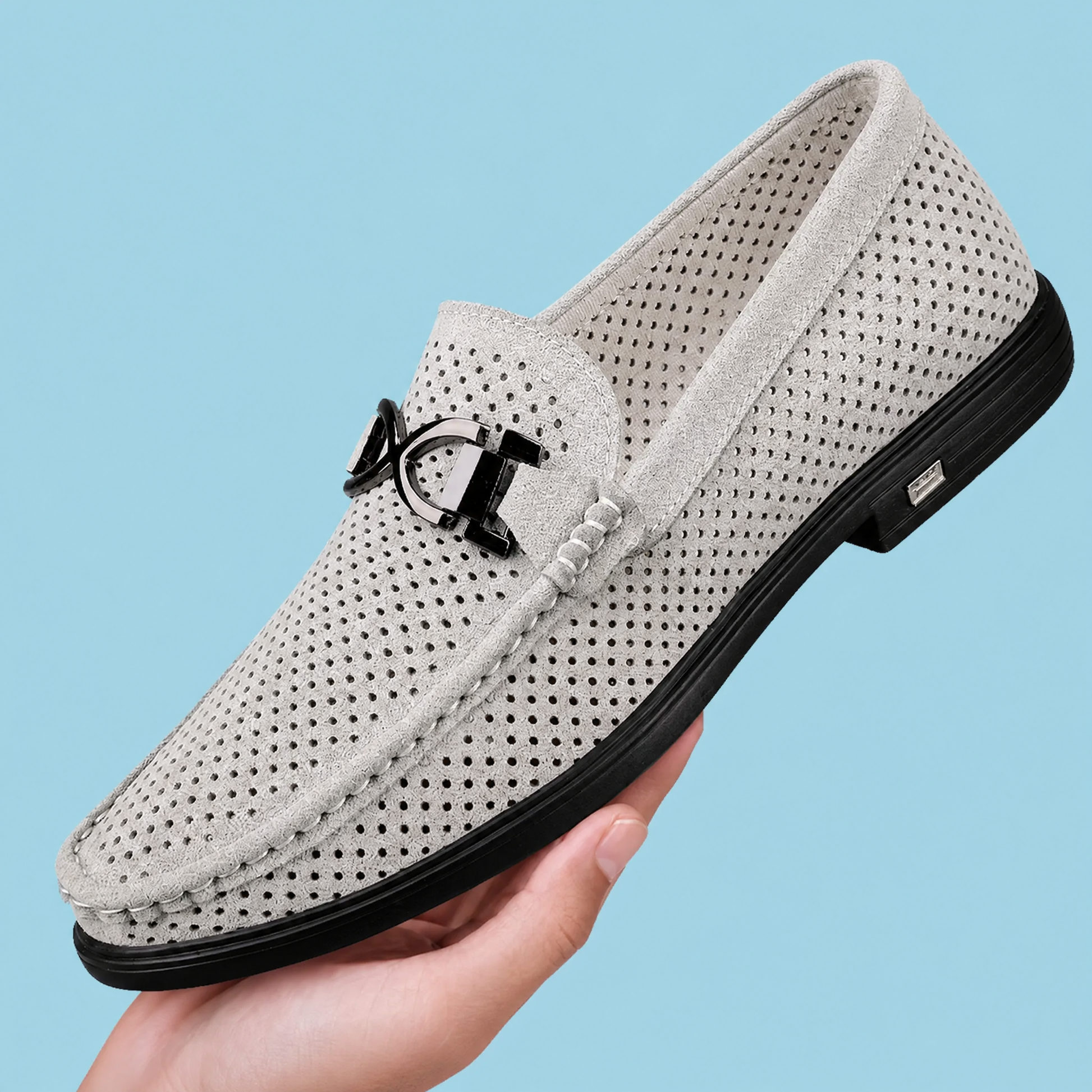 Men's Suede Slip-On Loafers in Gray – top view | Hensley London