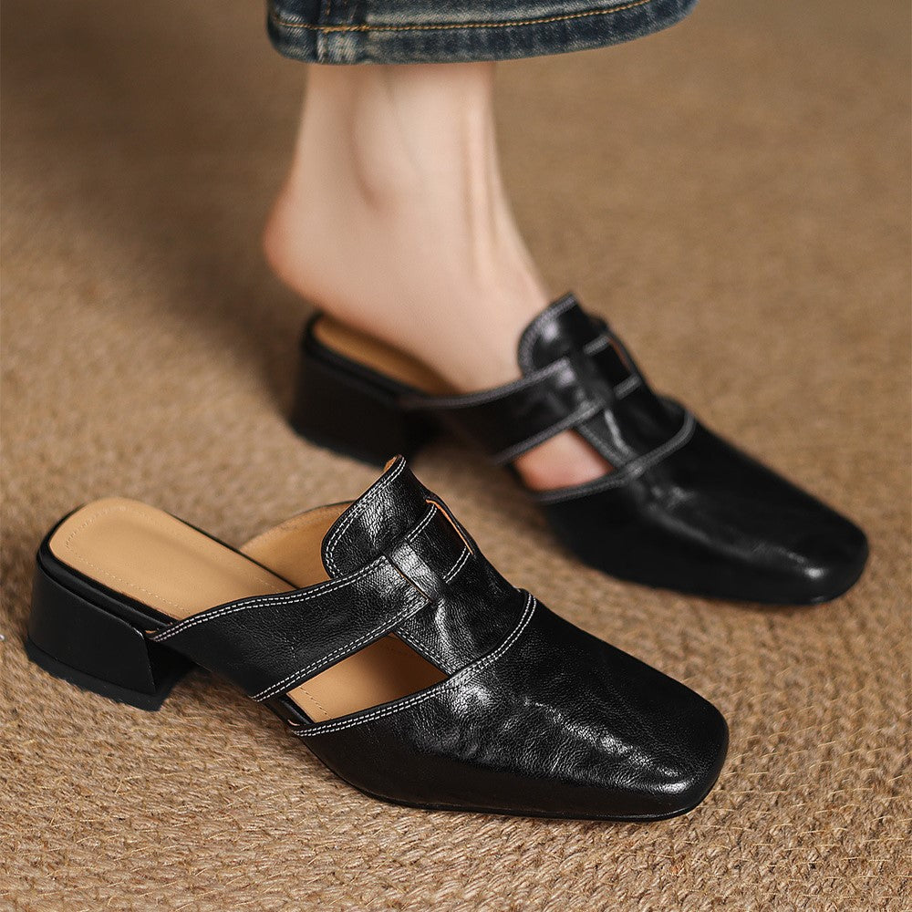Women's Faux Leather Square-Toe Mules - side view | Hensley London