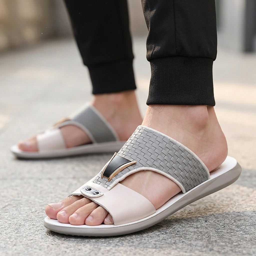 Men's Leather Slide Sandals in Black – side view | Hensley London