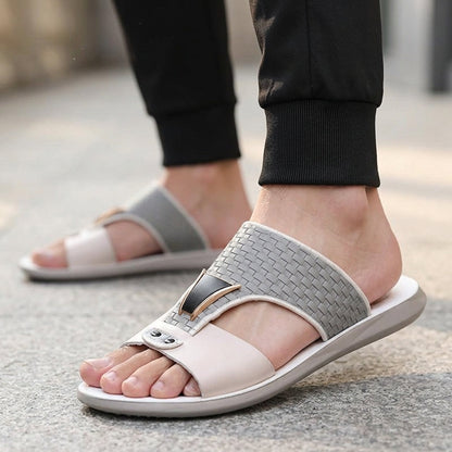 Men's Leather Slide Sandals in Black – side view | Hensley London