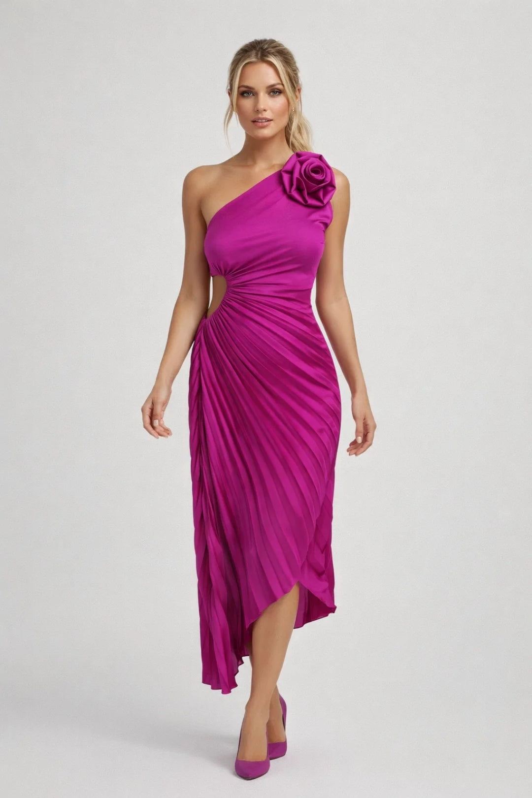 Women's Midi Dress Black One Shoulder Pleated - 1