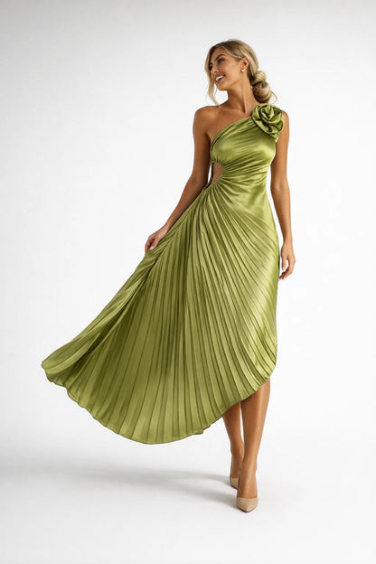 Women's Midi Dress Black One Shoulder Pleated - 2