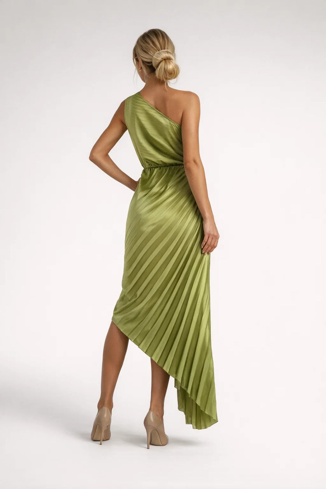 Women's Midi Dress Black One Shoulder Pleated - 3